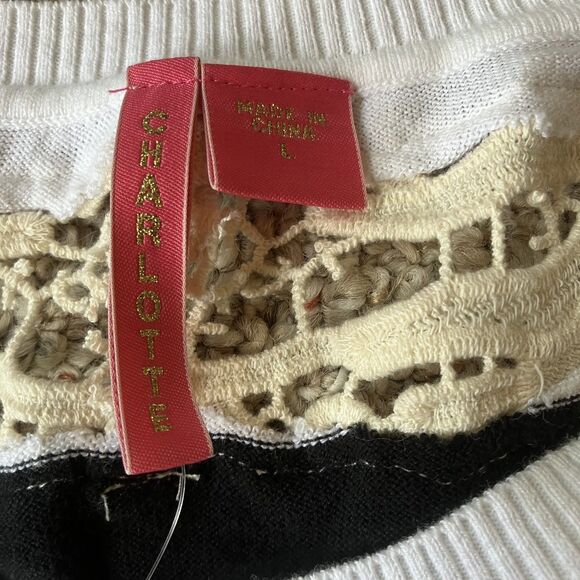 Nordstrom Charlotte Cardigan Sweater Size L Crochet Lace Stripes Twee Black Whit - Picture 6 of 11